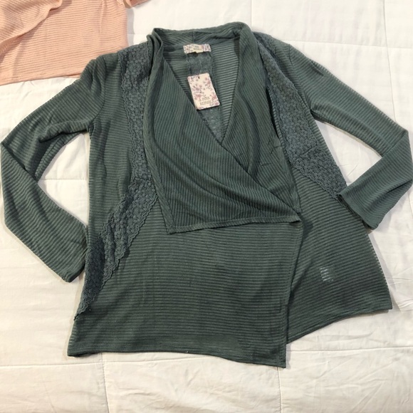 FALL Pink Republic Open Front with Lace Accent Cardigan Sage NWT XL Long Sleeve - Picture 1 of 8